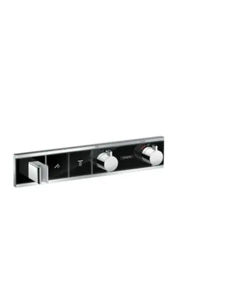 Thermostat mit zwei Verbraucheranschlüssen und Brausehalter in Schwarz/Chrom von Hansgrohe, mit zwei Drehknöpfen zur Regulierung.